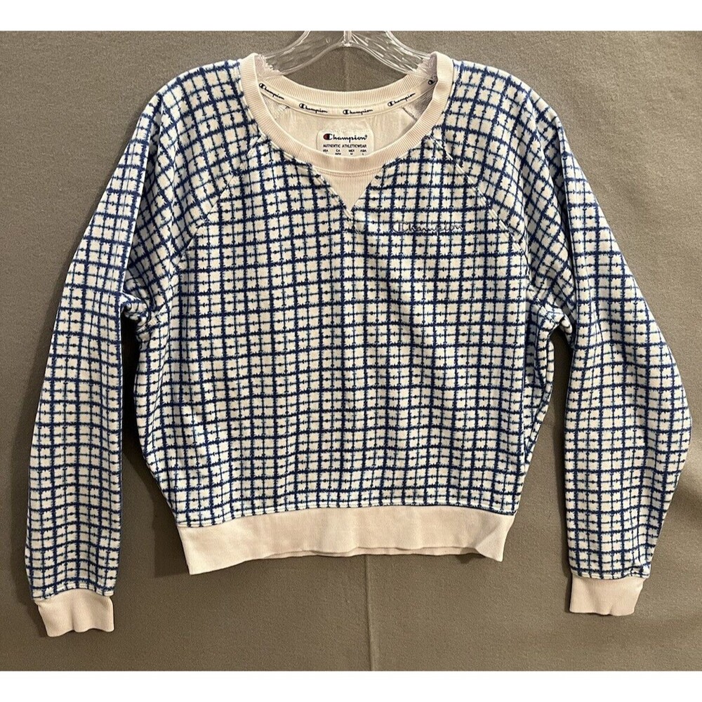 Champion Womens M Tie Dye Plaid Crop Crewneck Sweatshirt Blue‎ Pullover Logo